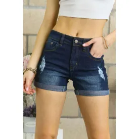 ADORA Distressed Roll Up Denim Shorts with Pockets