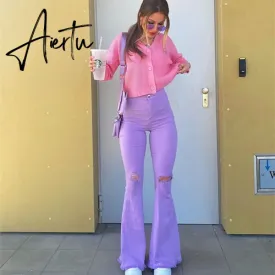 Aiertu Women's sexy Jeans Mid-Waist Ripped Solid Color Casual Wide-Leg Trousers Fashion Elastic Tight Bell Bottom Streetwear