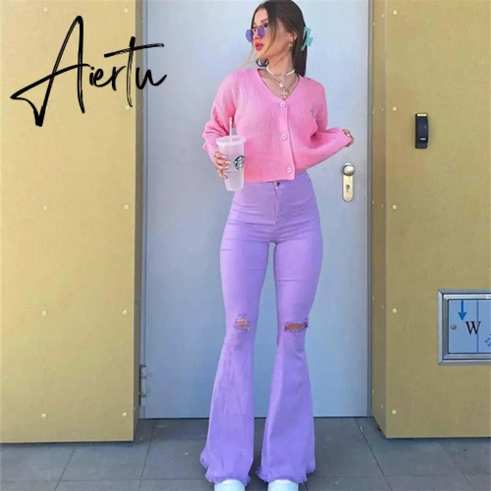 Aiertu Women's sexy Jeans Mid-Waist Ripped Solid Color Casual Wide-Leg Trousers Fashion Elastic Tight Bell Bottom Streetwear