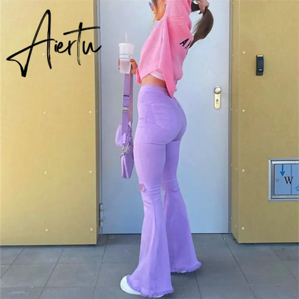 Aiertu Women's sexy Jeans Mid-Waist Ripped Solid Color Casual Wide-Leg Trousers Fashion Elastic Tight Bell Bottom Streetwear