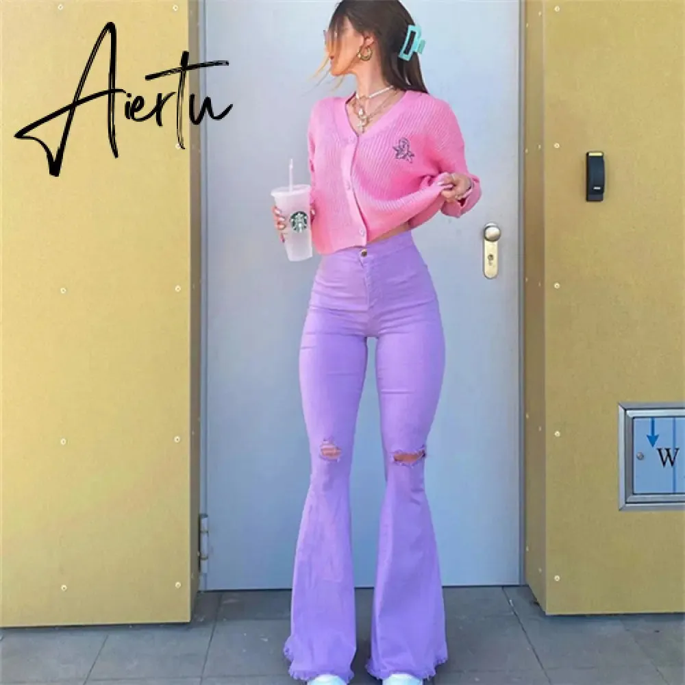 Aiertu Women's sexy Jeans Mid-Waist Ripped Solid Color Casual Wide-Leg Trousers Fashion Elastic Tight Bell Bottom Streetwear