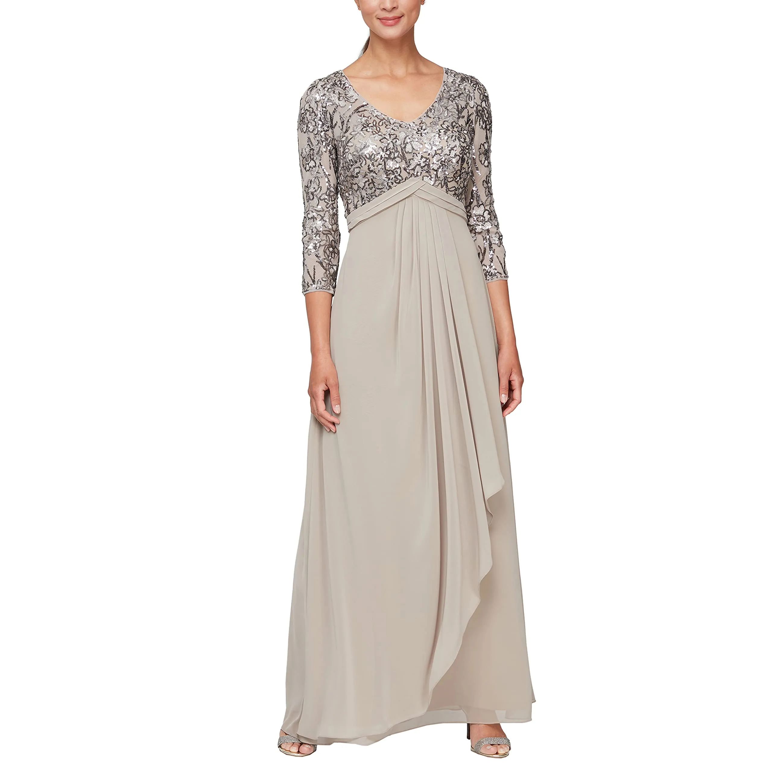 Alex Evenings Women's Long Lace Top Empire Waist Dress, Mink, 14