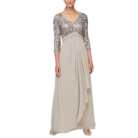 Alex Evenings Women's Long Lace Top Empire Waist Dress, Mink, 14