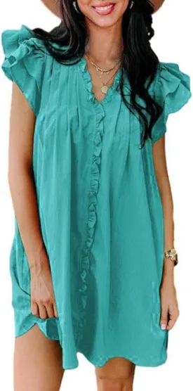 AlvaQ Womens Summer Dresses 2025 V Neck Ruffle Cap Short Sleeve Mini Dress Casual Flowy Pleated A Line Sundress with Pockets