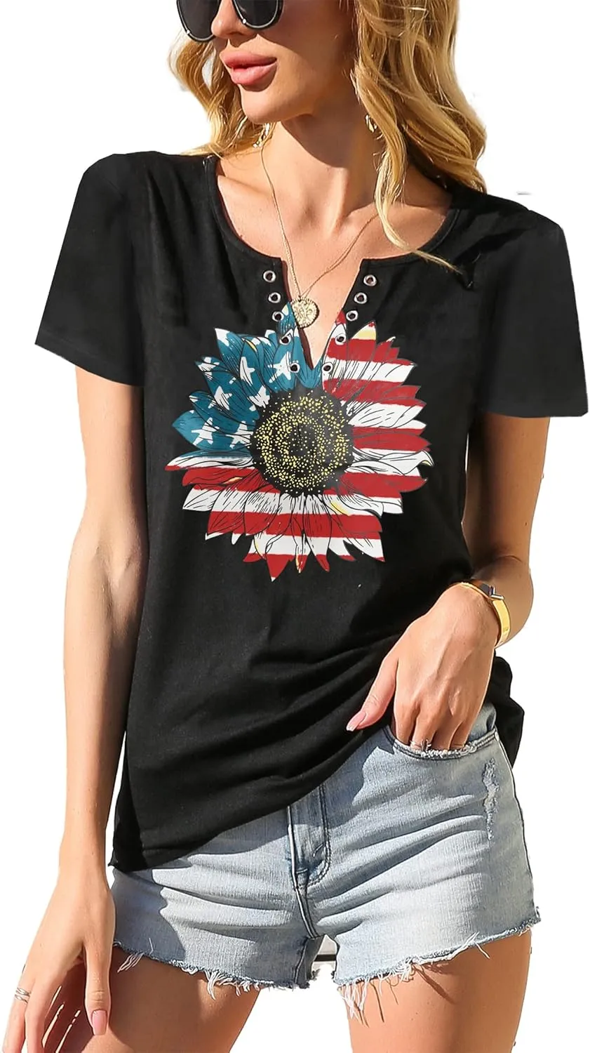 American Flag Shirt Tops Womens 4th of July T-Shirts Ring Hole Short Sleeve Sexy V-Neck Patriotic Tees