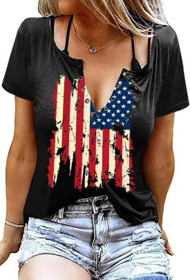 American Flag Shirt Tops Womens 4th of July T-Shirts Ring Hole Short Sleeve Sexy V-Neck Patriotic Tees