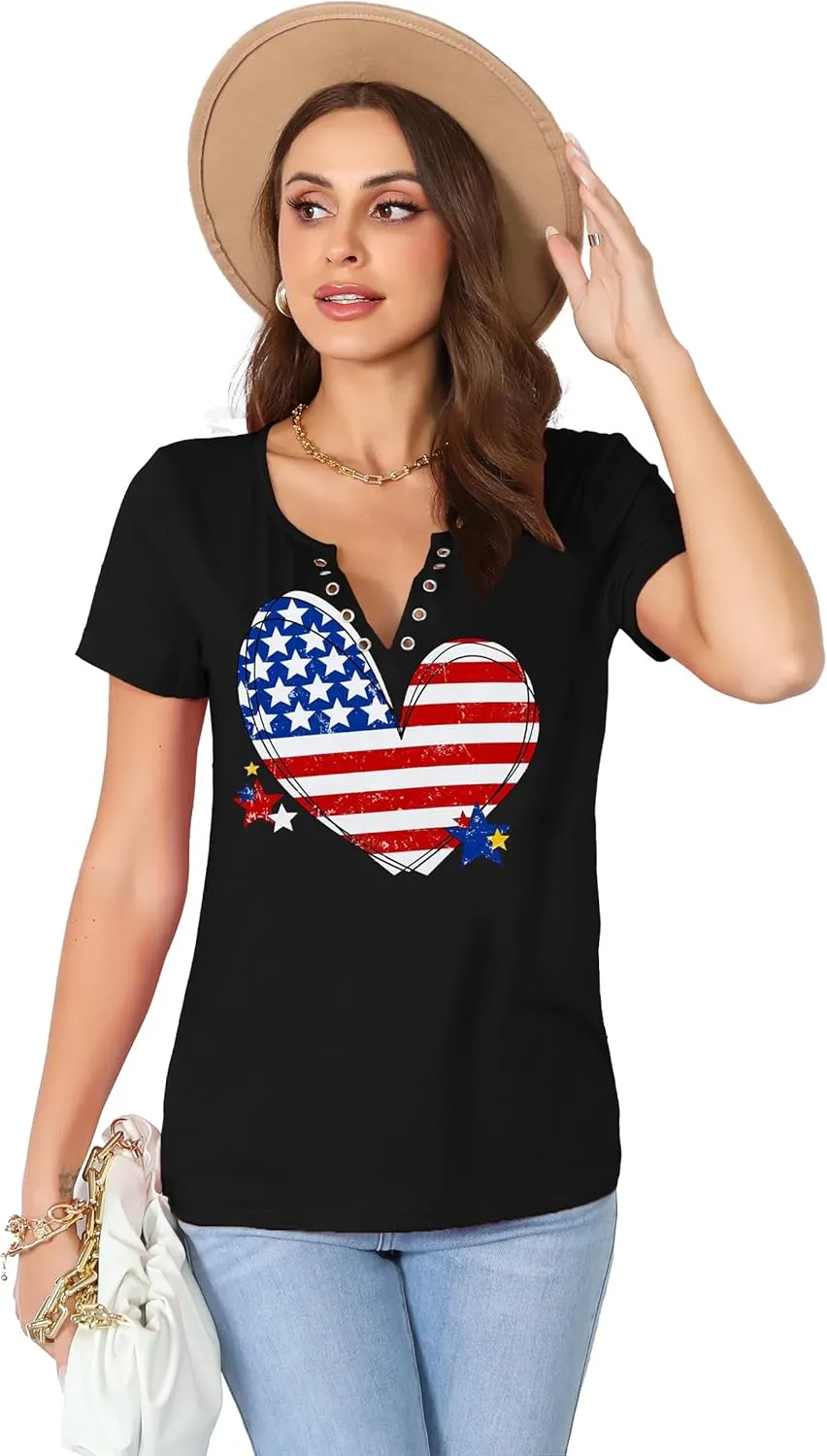 American Flag Shirt Tops Womens 4th of July T-Shirts Ring Hole Short Sleeve Sexy V-Neck Patriotic Tees