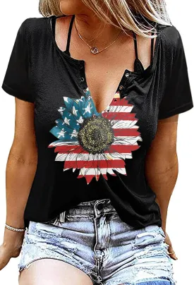 American Flag Shirt Tops Womens 4th of July T-Shirts Ring Hole Short Sleeve Sexy V-Neck Patriotic Tees