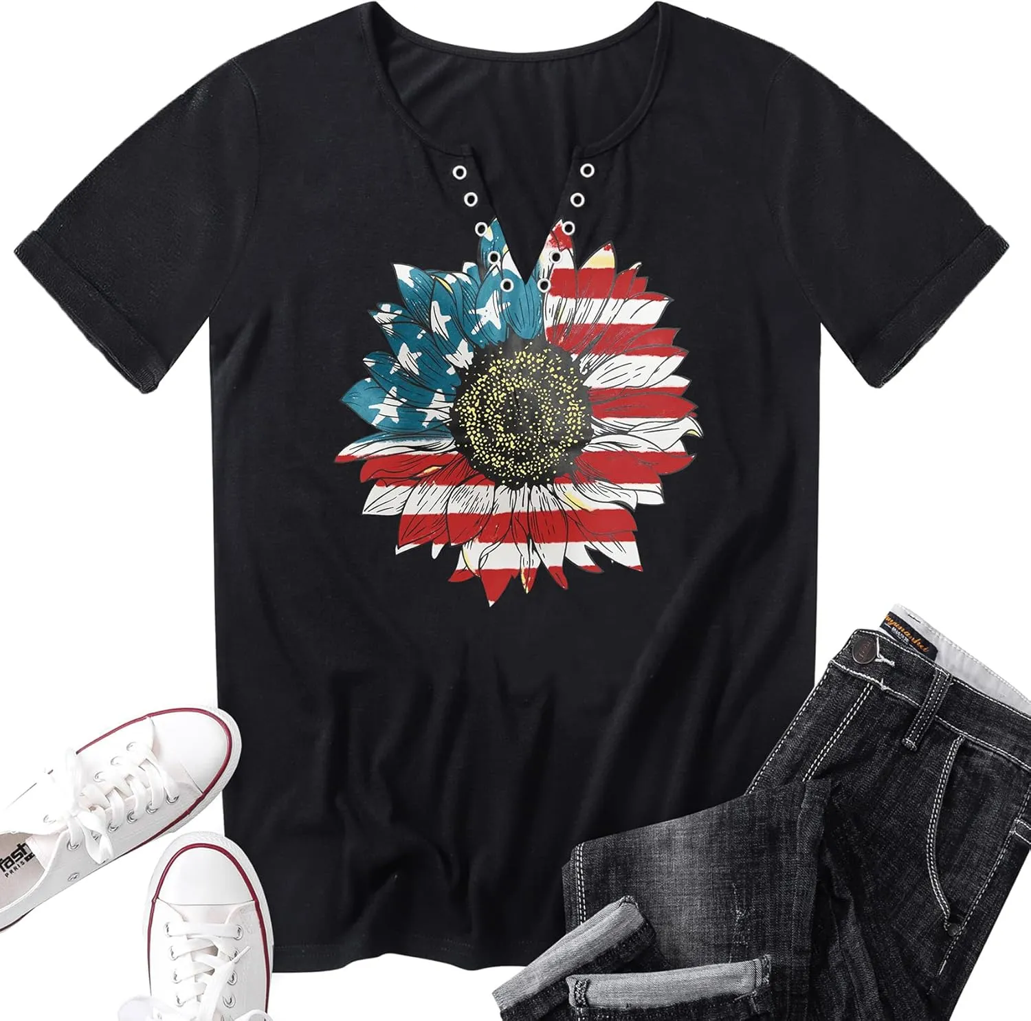 American Flag Shirt Tops Womens 4th of July T-Shirts Ring Hole Short Sleeve Sexy V-Neck Patriotic Tees