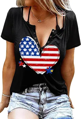 American Flag Shirt Tops Womens 4th of July T-Shirts Ring Hole Short Sleeve Sexy V-Neck Patriotic Tees