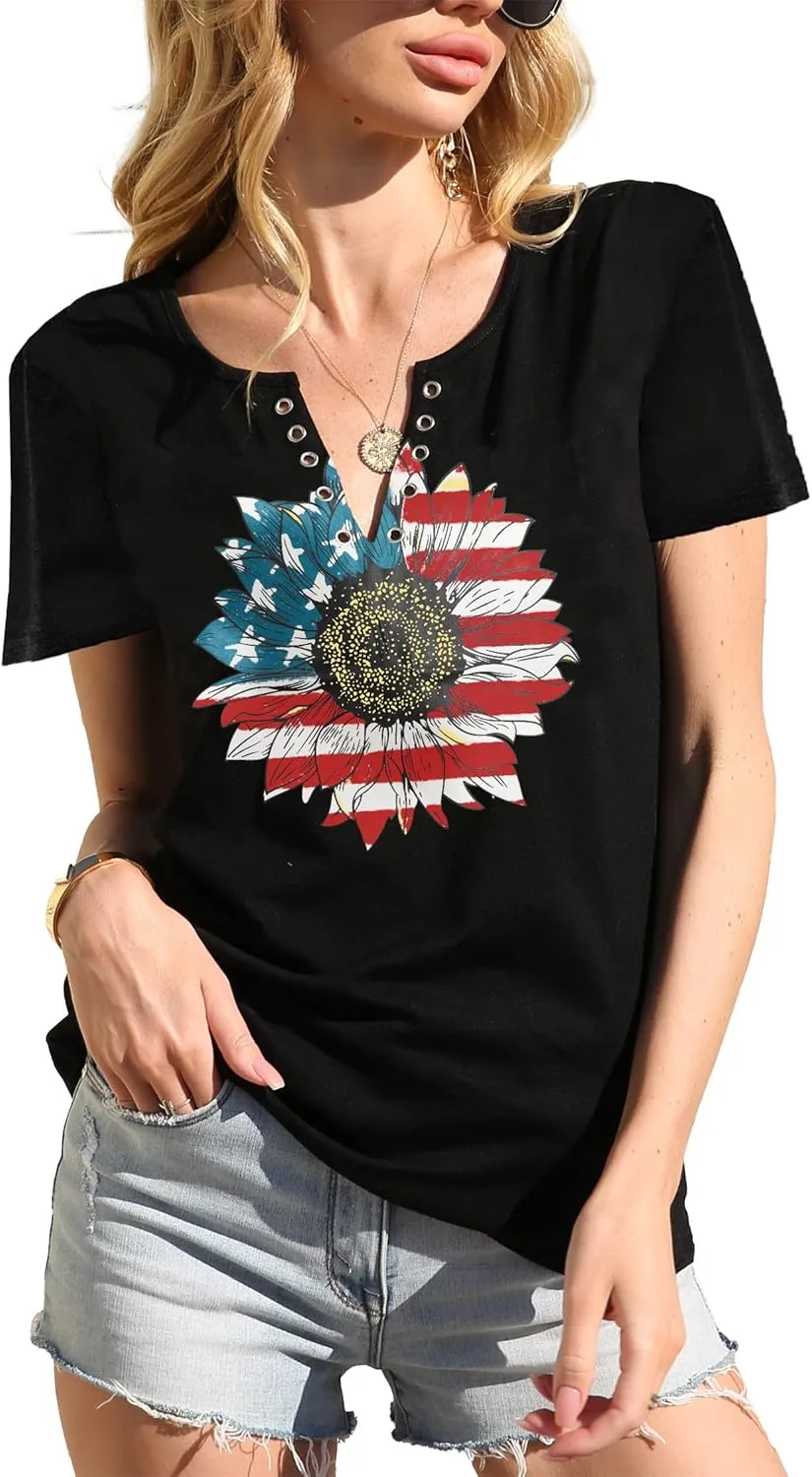 American Flag Shirt Tops Womens 4th of July T-Shirts Ring Hole Short Sleeve Sexy V-Neck Patriotic Tees
