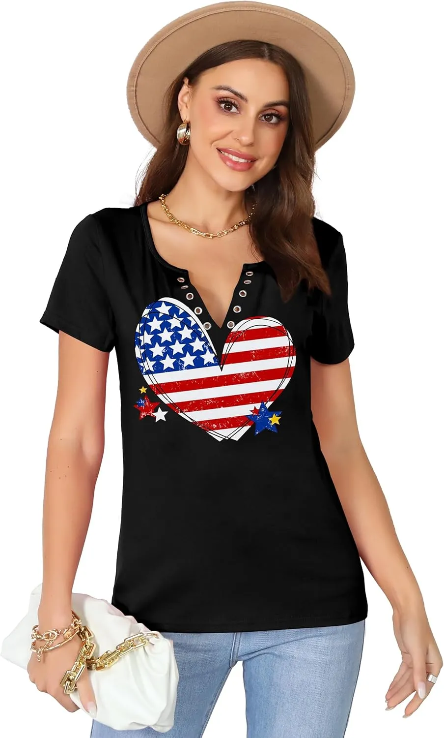 American Flag Shirt Tops Womens 4th of July T-Shirts Ring Hole Short Sleeve Sexy V-Neck Patriotic Tees