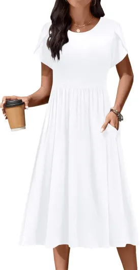 AOMONI Short Sleeve Casual Summer Dress A Line Round Neck Midi Dresses for Women Wedding Guest Dress with Pockets
