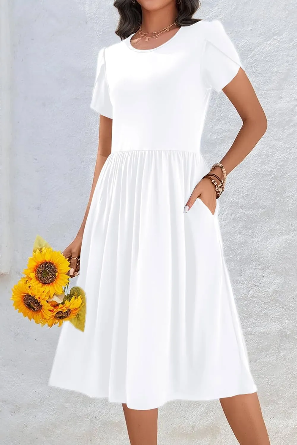 AOMONI Short Sleeve Casual Summer Dress A Line Round Neck Midi Dresses for Women Wedding Guest Dress with Pockets