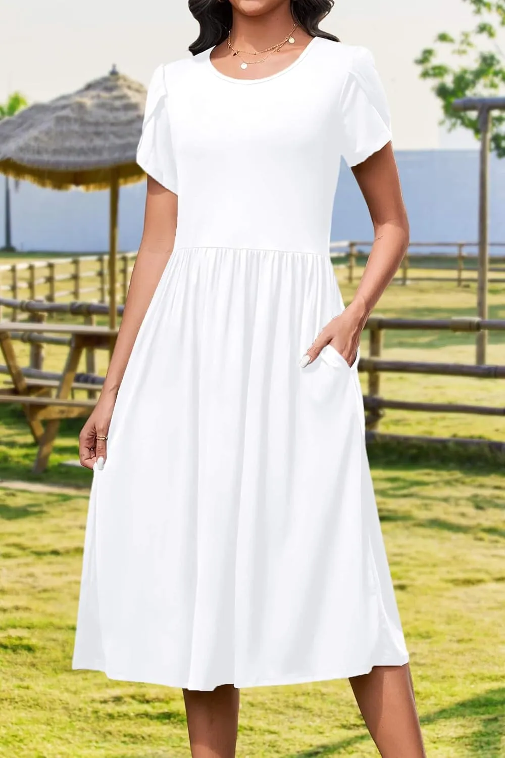 AOMONI Short Sleeve Casual Summer Dress A Line Round Neck Midi Dresses for Women Wedding Guest Dress with Pockets