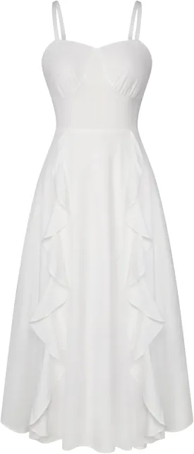 Belle Poque Sun Dresses for Women 2025 Boho Midi Dresses Casual Spaghetti Ruffle Dress Wedding Guest Dresses for Women