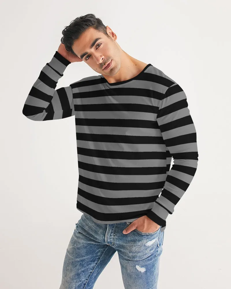 Black Grey Striped Men Long Sleeve Tshirt, Wide Stripes Unisex Women Designer Graphic Aesthetic Crew Neck Tee