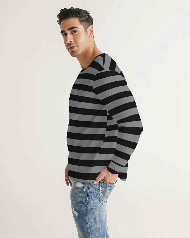 Black Grey Striped Men Long Sleeve Tshirt, Wide Stripes Unisex Women Designer Graphic Aesthetic Crew Neck Tee