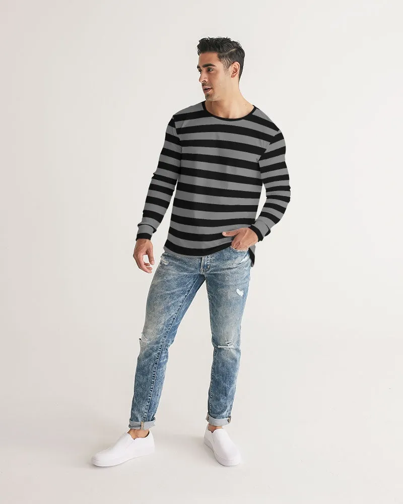 Black Grey Striped Men Long Sleeve Tshirt, Wide Stripes Unisex Women Designer Graphic Aesthetic Crew Neck Tee