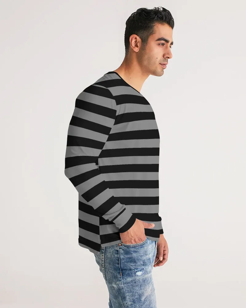 Black Grey Striped Men Long Sleeve Tshirt, Wide Stripes Unisex Women Designer Graphic Aesthetic Crew Neck Tee