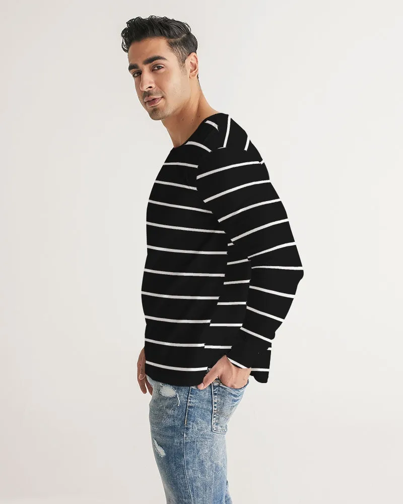 Black White Striped Men Long Sleeve Tshirt, Wide Thin Stripe Unisex Guys Women Designer Graphic Aesthetic Printed Crew Neck Tee
