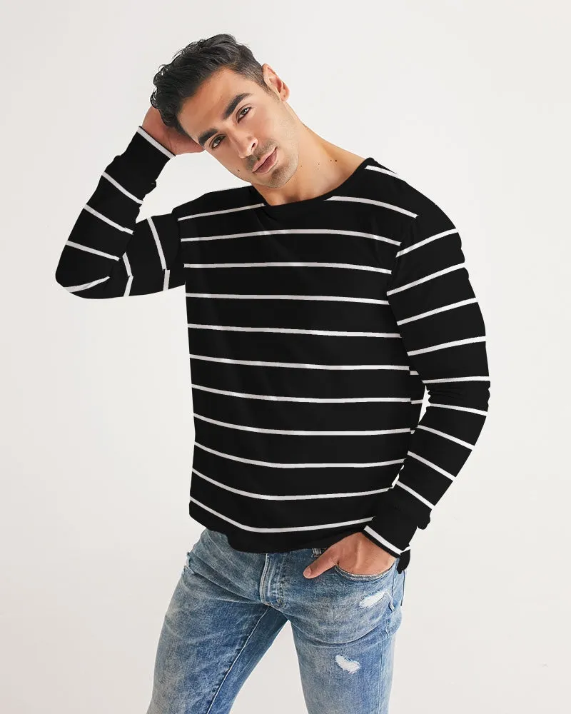 Black White Striped Men Long Sleeve Tshirt, Wide Thin Stripe Unisex Guys Women Designer Graphic Aesthetic Printed Crew Neck Tee