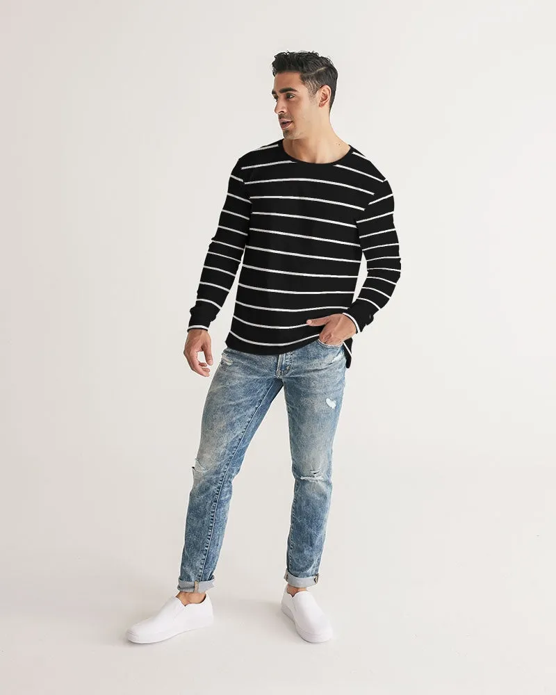 Black White Striped Men Long Sleeve Tshirt, Wide Thin Stripe Unisex Guys Women Designer Graphic Aesthetic Printed Crew Neck Tee