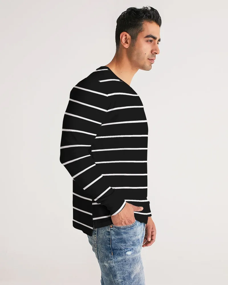 Black White Striped Men Long Sleeve Tshirt, Wide Thin Stripe Unisex Guys Women Designer Graphic Aesthetic Printed Crew Neck Tee