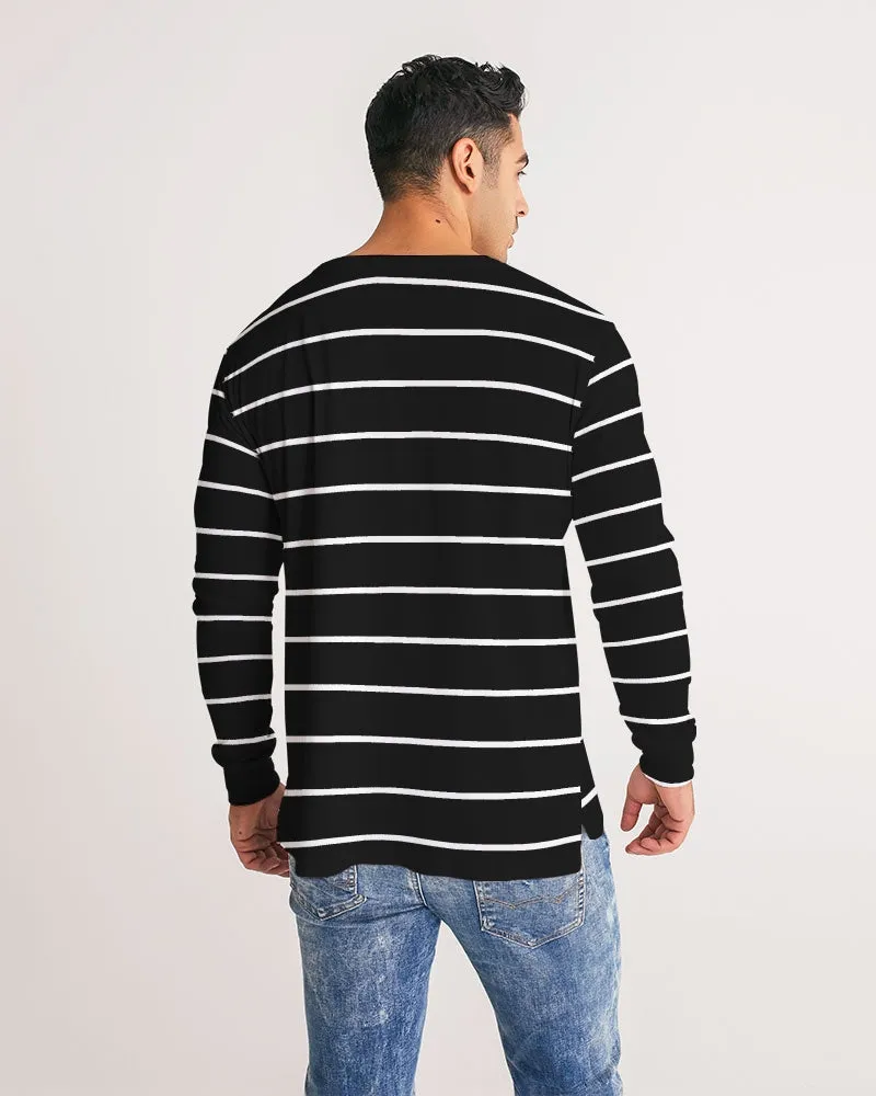 Black White Striped Men Long Sleeve Tshirt, Wide Thin Stripe Unisex Guys Women Designer Graphic Aesthetic Printed Crew Neck Tee
