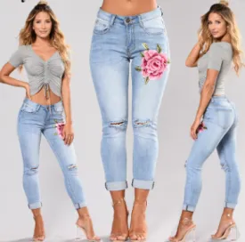 Blue low waist pencil Ripped embroidery jeans woman Stretch Skinny - Women's Bottom