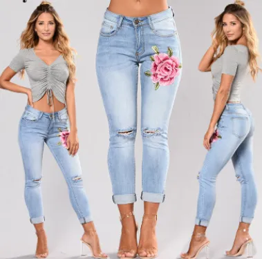 Blue low waist pencil Ripped embroidery jeans woman Stretch Skinny - Women's Bottom