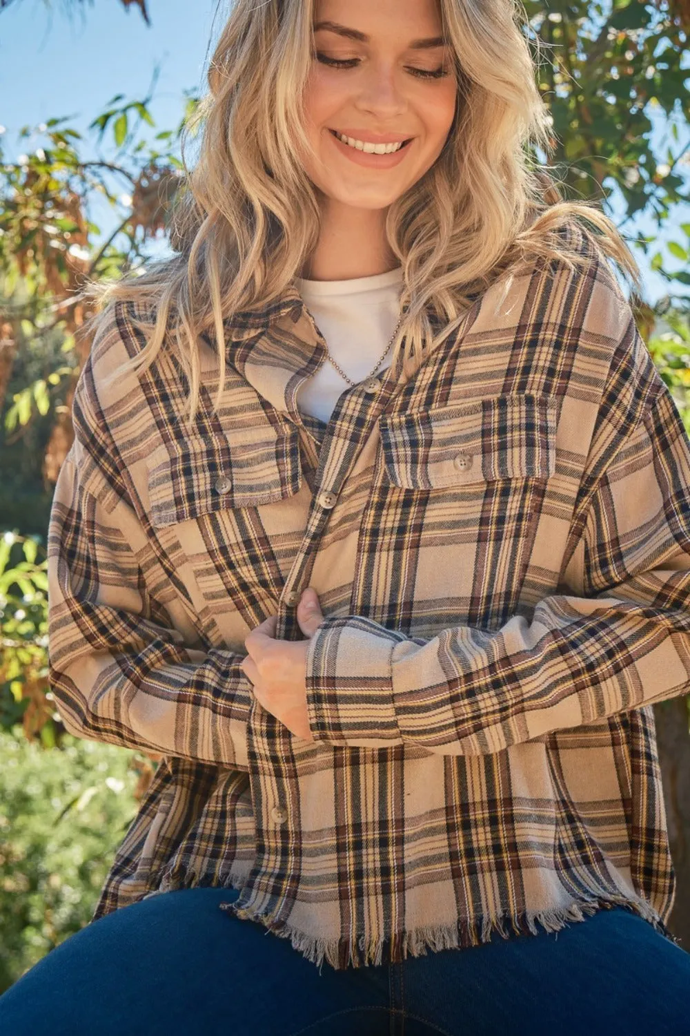 Blue Zone Planet |  And The Why Full Size Button Up Raw Hem Plaid Shirt