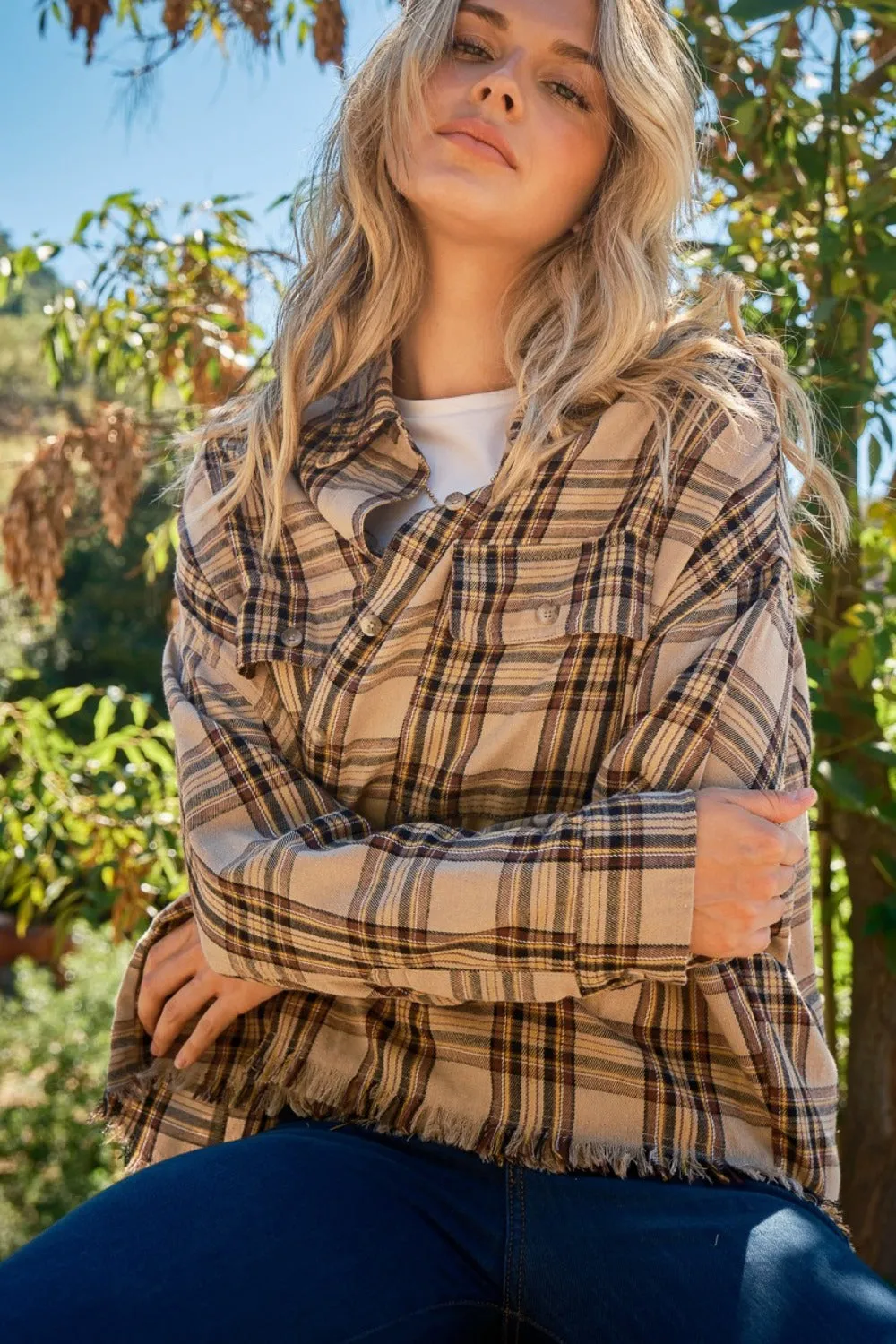 Blue Zone Planet |  And The Why Full Size Button Up Raw Hem Plaid Shirt