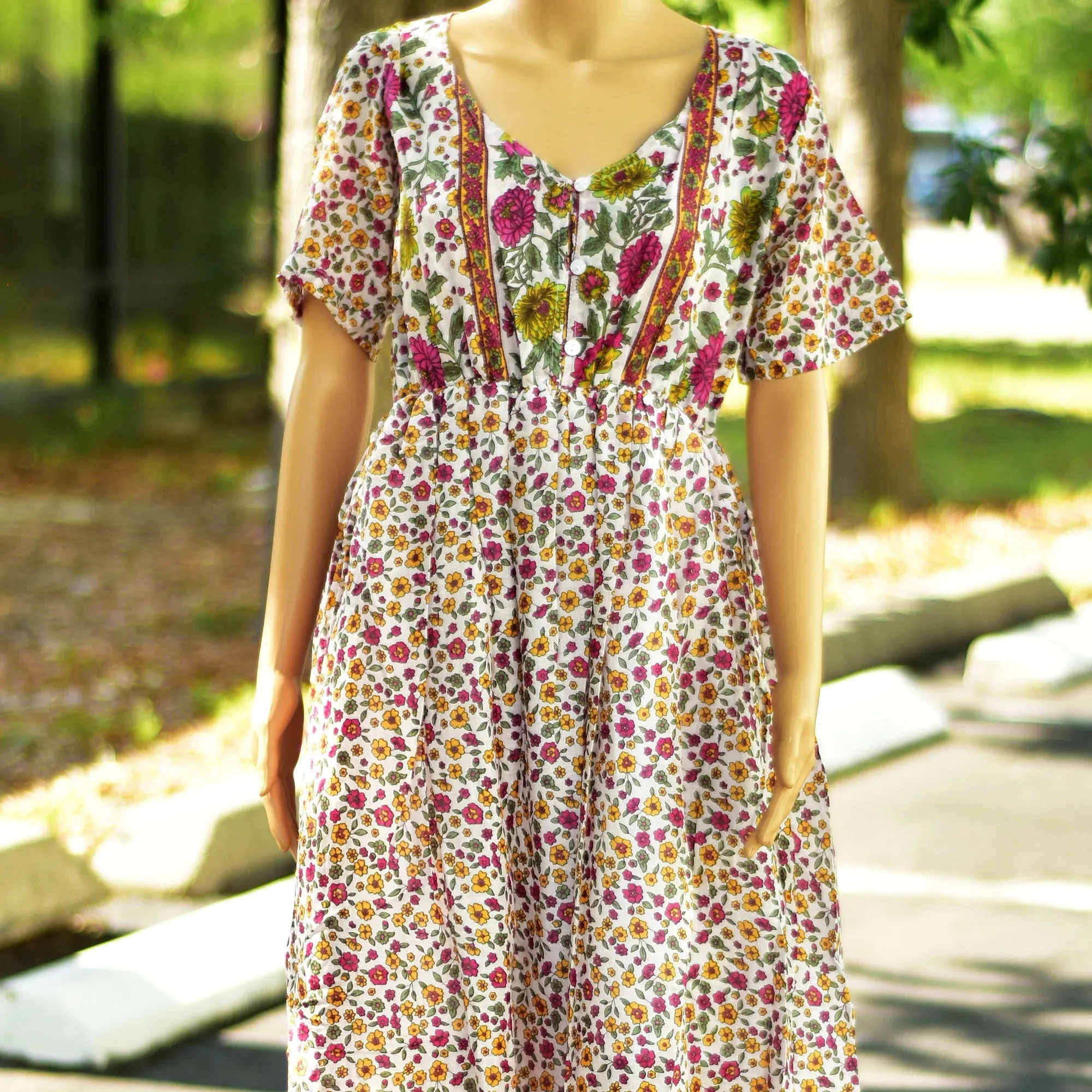 Boho Pure Cotton Indian Traditional Floral Print Empire Waist Short Sleeve Midi Dress