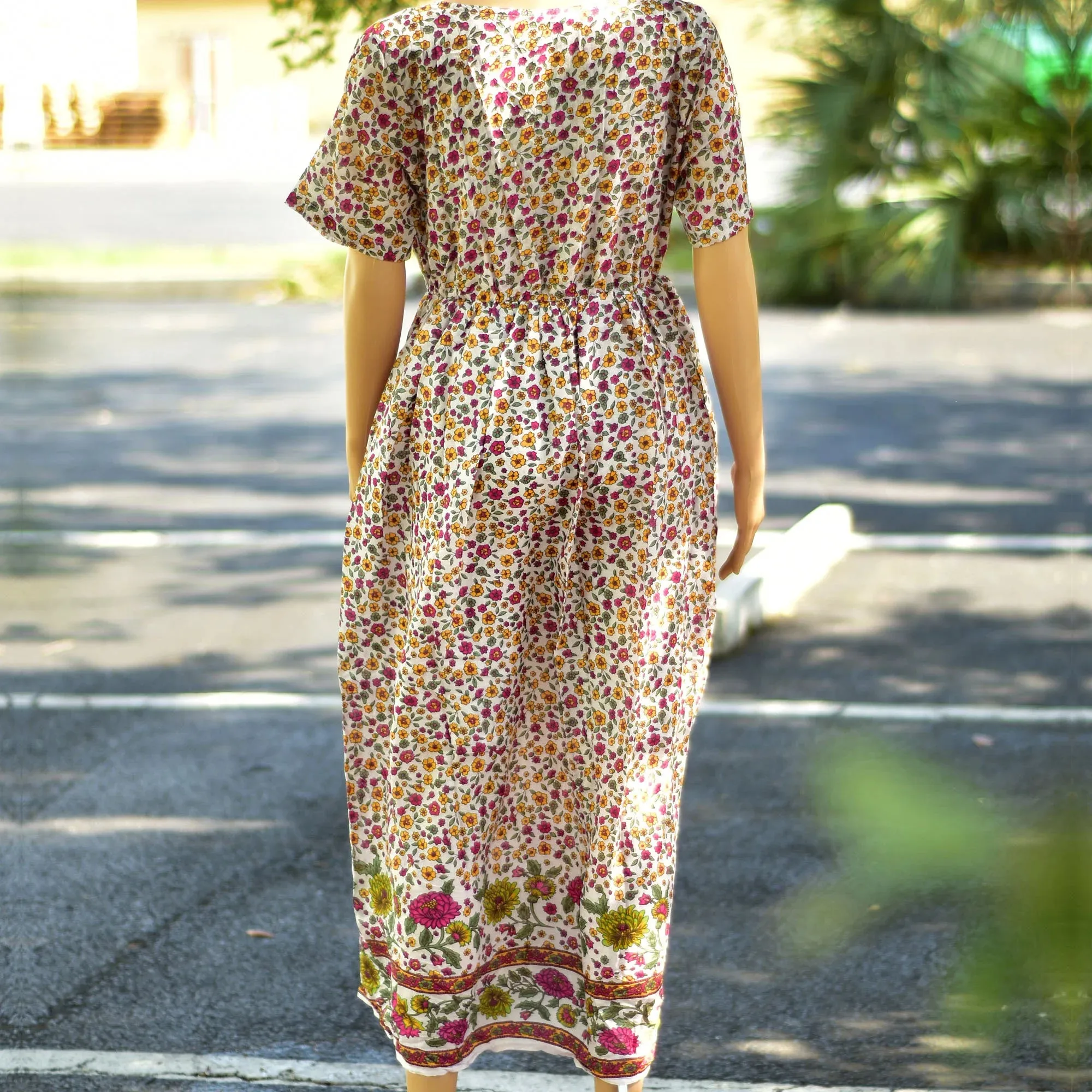 Boho Pure Cotton Indian Traditional Floral Print Empire Waist Short Sleeve Midi Dress