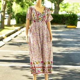 Boho Pure Cotton Indian Traditional Floral Print Empire Waist Short Sleeve Midi Dress