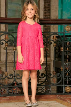 Bright Neon Pink Lace Empire Waist Sleeved Dress - Girls