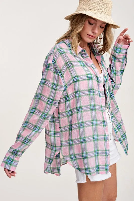 Button Front Relaxed Bold Plaid Cotton Blend Shirt