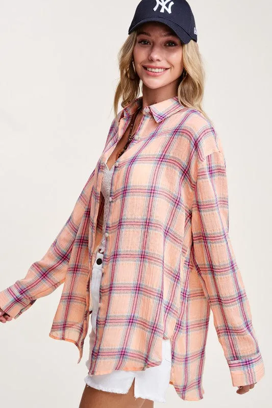 Button Front Relaxed Bold Plaid Cotton Blend Shirt