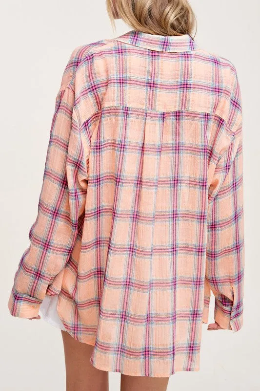Button Front Relaxed Bold Plaid Cotton Blend Shirt