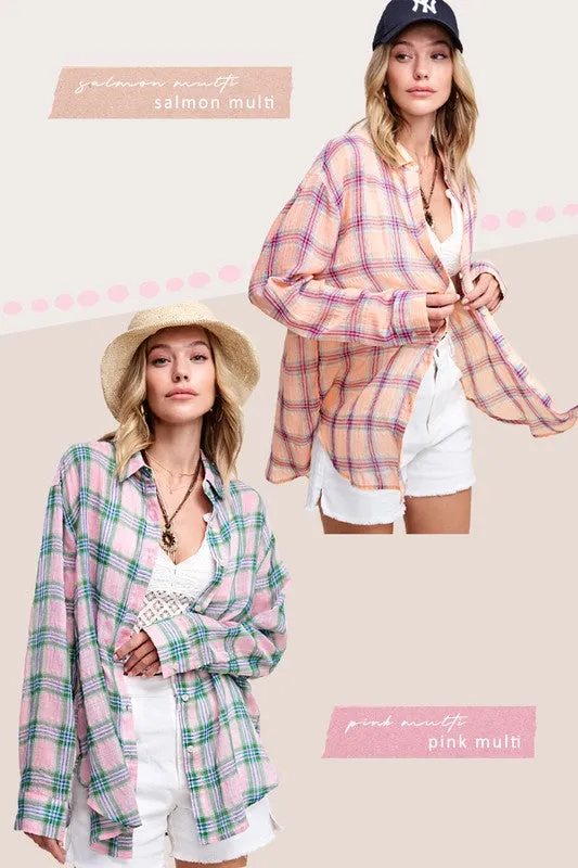 Button Front Relaxed Bold Plaid Cotton Blend Shirt