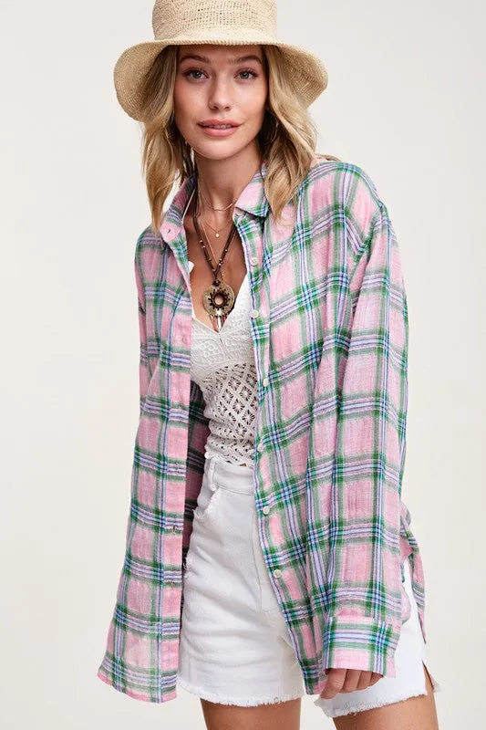 Button Front Relaxed Bold Plaid Cotton Blend Shirt