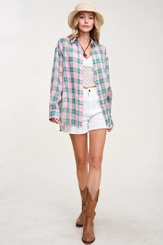 Button Front Relaxed Bold Plaid Cotton Blend Shirt