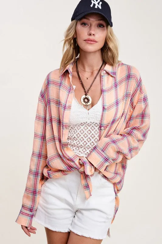 Button Front Relaxed Bold Plaid Cotton Blend Shirt