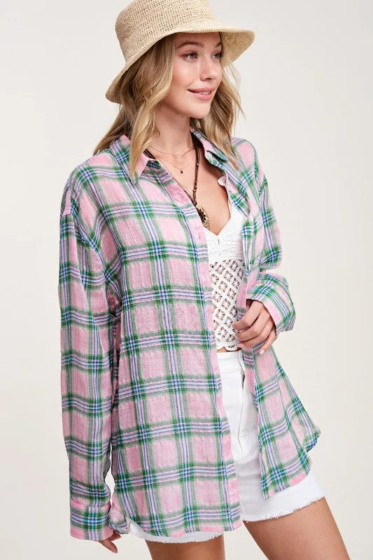 Button Front Relaxed Bold Plaid Cotton Blend Shirt