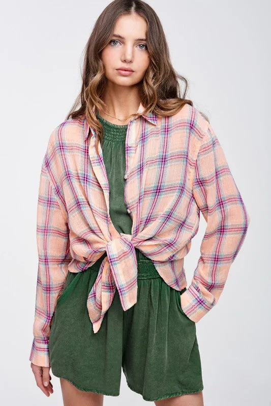 Button Front Relaxed Bold Plaid Cotton Blend Shirt