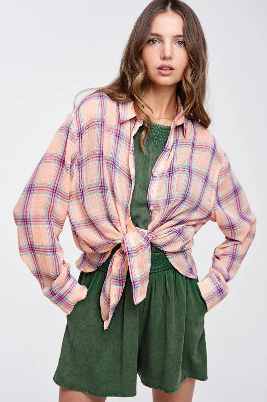 Button Front Relaxed Bold Plaid Cotton Blend Shirt