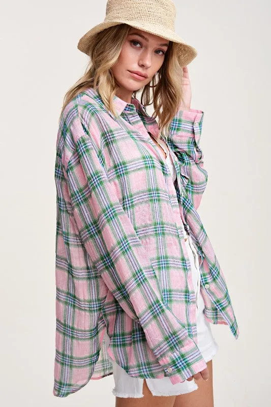 Button Front Relaxed Bold Plaid Cotton Blend Shirt