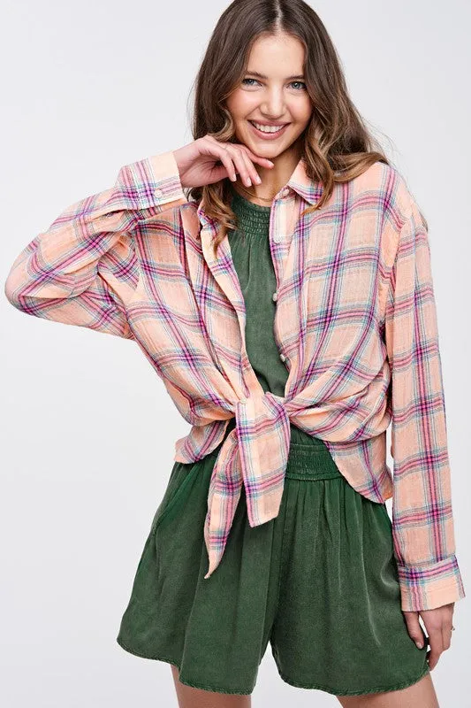Button Front Relaxed Bold Plaid Cotton Blend Shirt