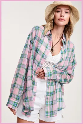 Button Front Relaxed Bold Plaid Cotton Blend Shirt